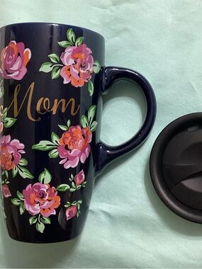 Sheffield Home Navy Blue Floral MOM Coffee Mug Lid Cup Set